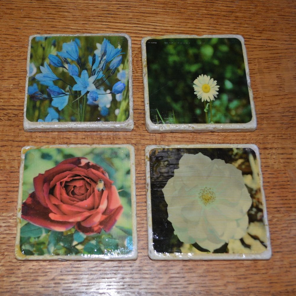 Natural Stone Coasters: Spring Flowers Design - Set of 4